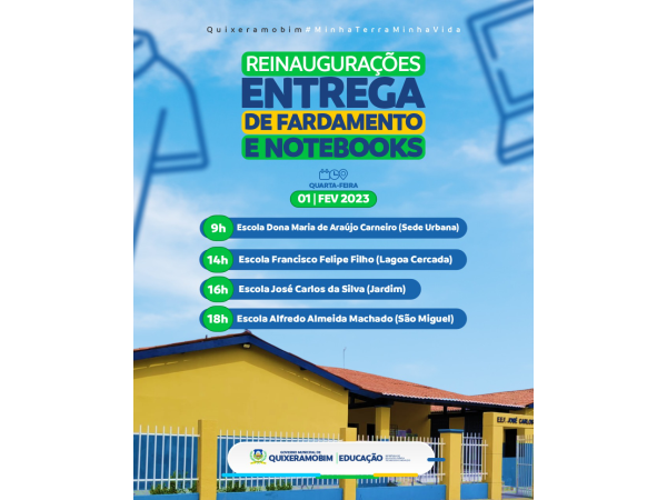 Confira a programação de entrega de fardamentos e notebooks para as escolas de Quixeramobim